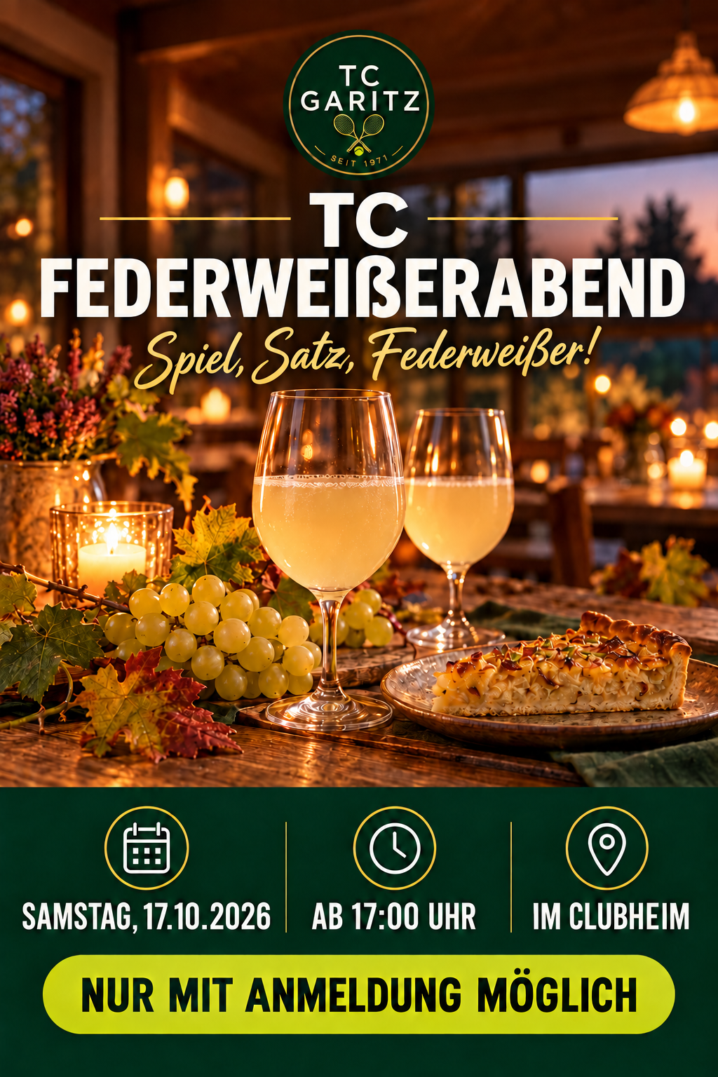 TC Garitz Federweißerabend am Samstag, 17. Oktober 2026, ab 17 Uhr im Clubheim – nur mit Anmeldung